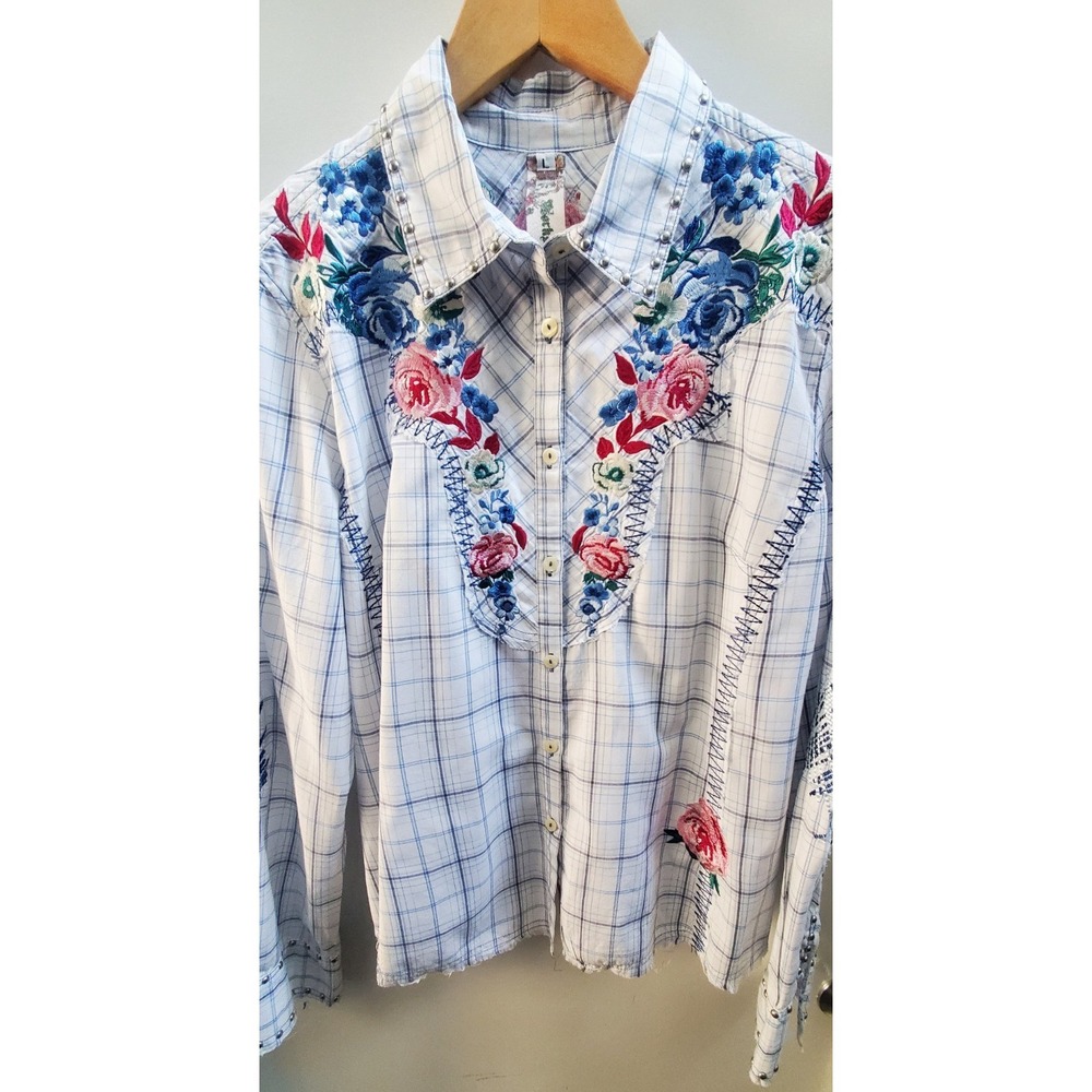3J Workshop Johnny Was L Plaid Shirt Embroidery Rose Western Cowgirl Raw Hem L/S - Picture 4 of 16